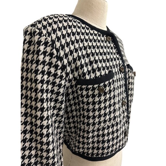 Vintage Wrapper Houndstooth Cropped Cardigan Jacket Size L Black & White Rayon/P - Picture 4 of 10